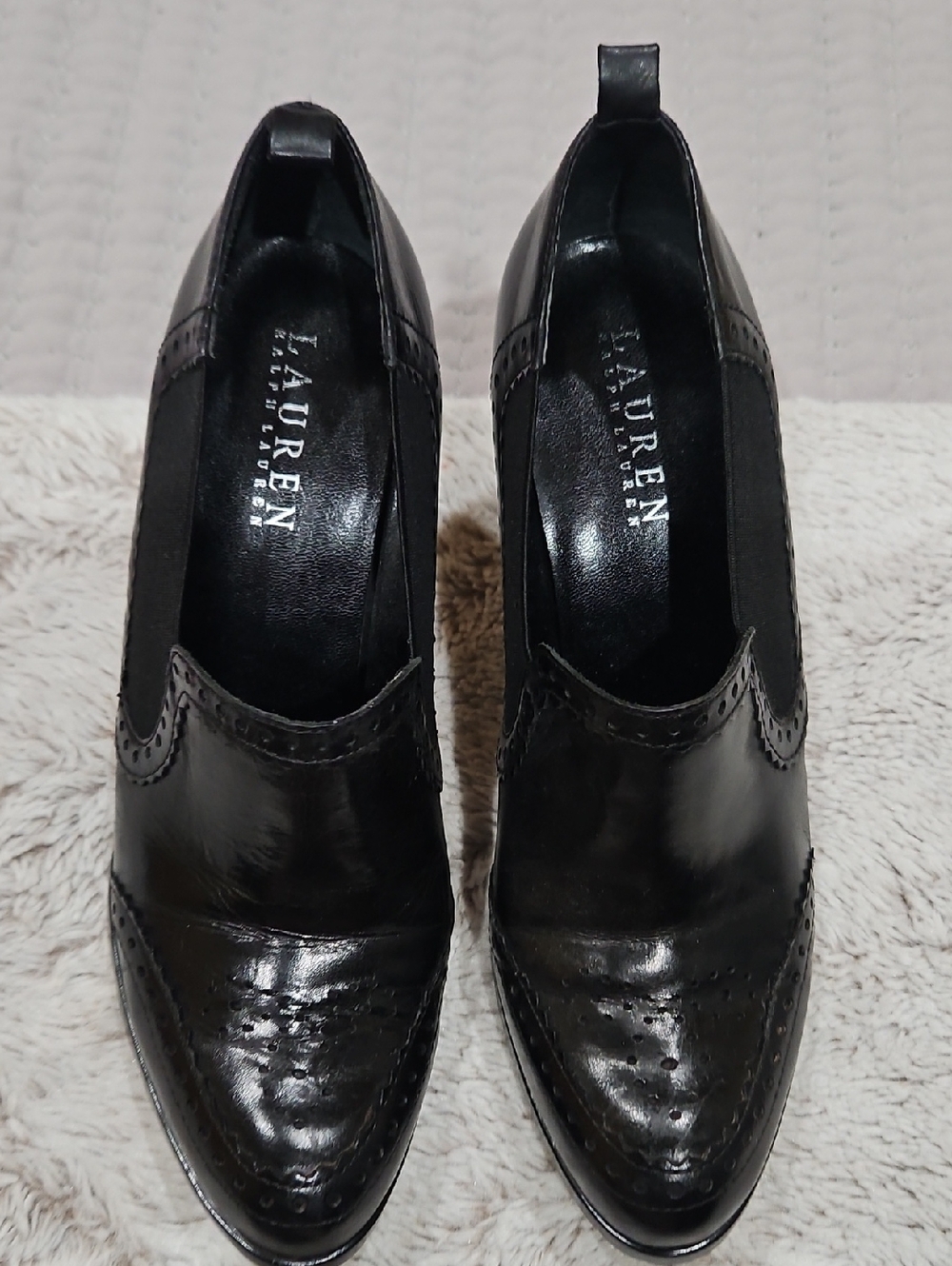 Lauren Ralph Lauren Black Leather Slip-On Pointed Brogue Heels